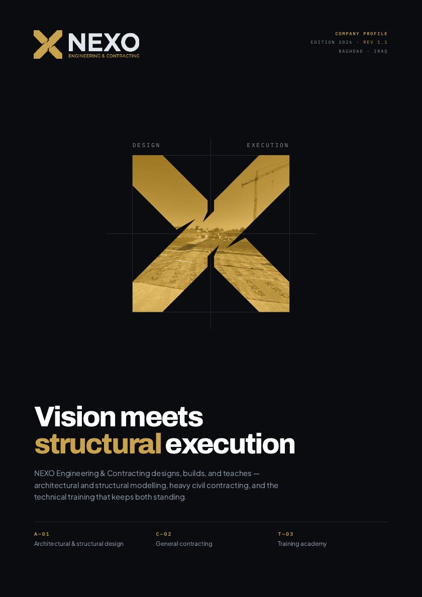 Cover of the NEXO Engineering & Contracting company profile — the gold X mark over a construction photograph, with the headline Vision meets structural execution.